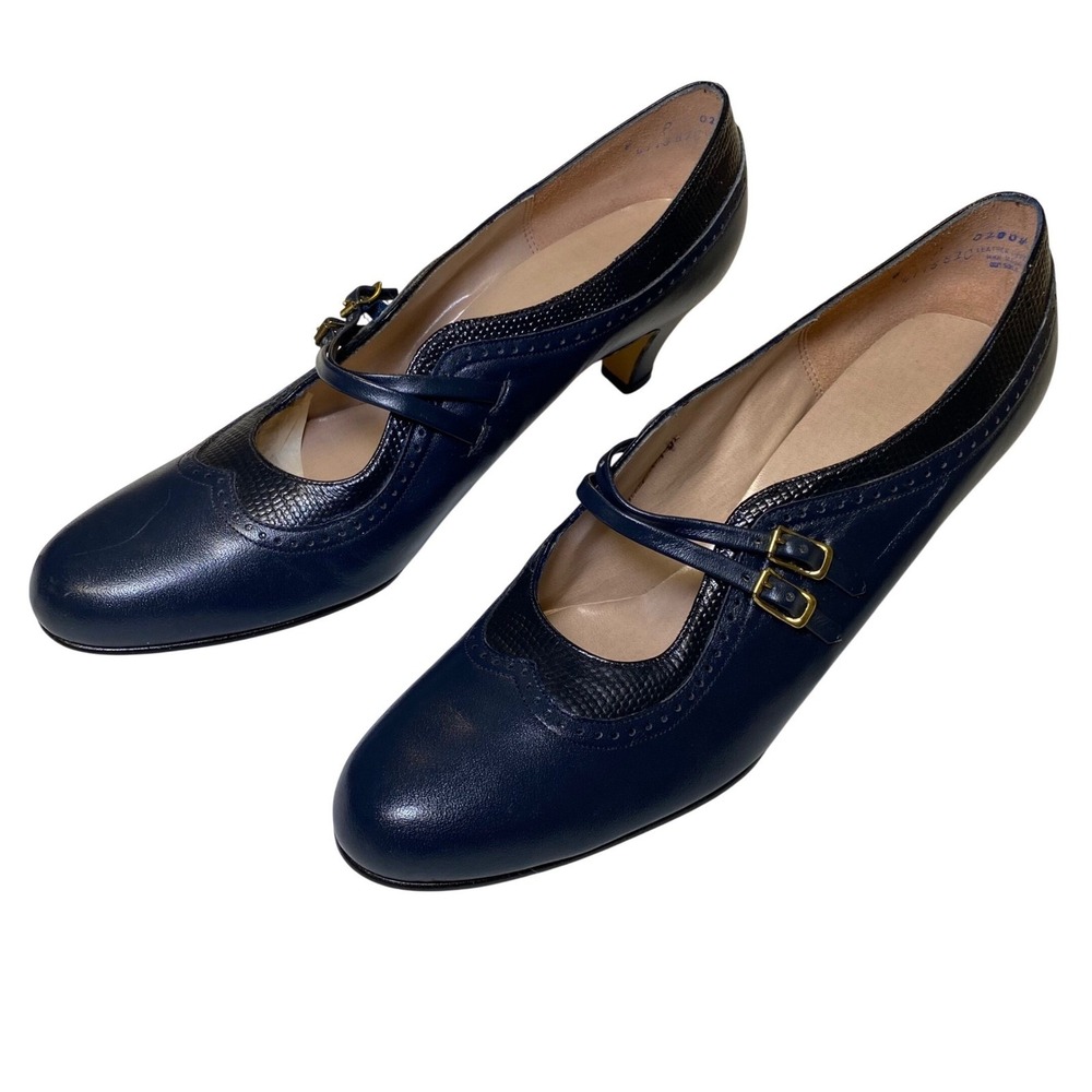 Ray‎ Ehinger Custom Design Navy Leather Double Strap Mary Jane Heels Italy 41